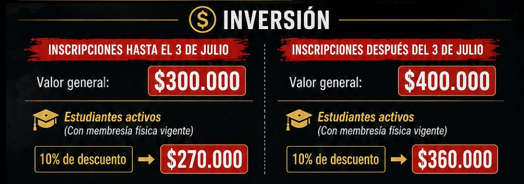Precios de inscripción al Seminario de Taijutsu y Kenjutsu. Hasta el 3 de julio: Valor general $300.000, Estudiantes activos 10% de descuento $270.000. Después del 3 de julio: Valor general $400.000, Estudiantes activos $360.000.